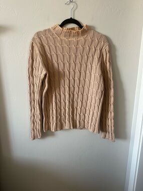 Ann Taylor Cable Knit Ruffled Mock Neck Sweater - Light Beige